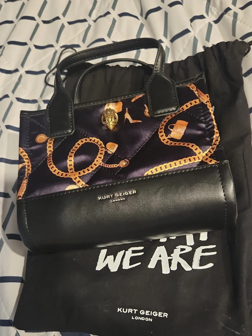 Kurt Geiger Black Satin Chain-Print Top-Handle Bag NEW No Tags